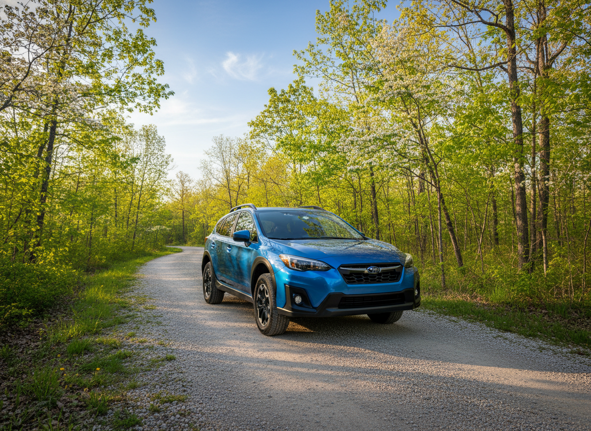 A Subaru Crosstrek driving through a beautiful Missouri forest.