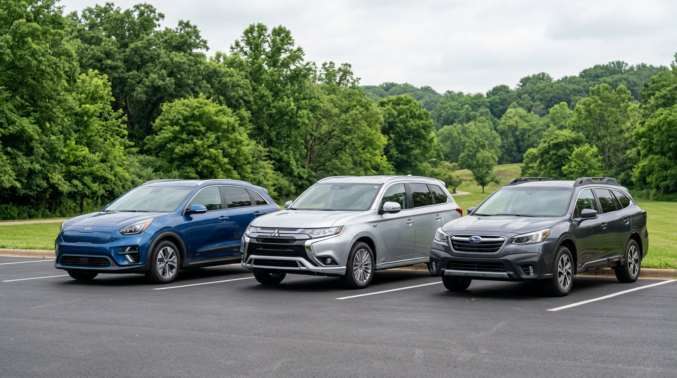 Three crossover vehicles parked in a row on an asphalt lot with a lush green forest background. (Representative image for illustration purposes only. Actual vehicle may vary based on trim and configuration.)