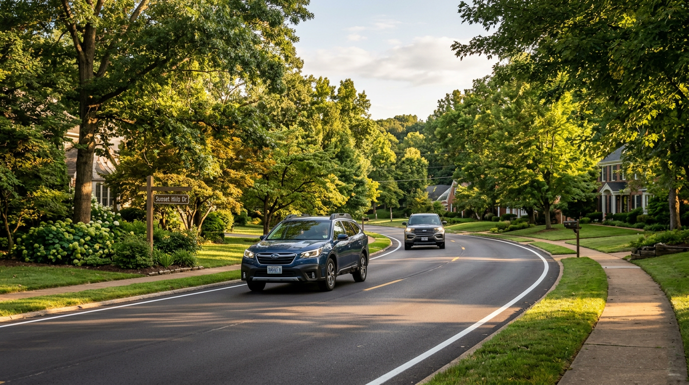 A blue Subaru Outback driving on a curving suburban road lined with lush green trees and houses in warm sunlight. (Representative image for illustration purposes only. Actual vehicle may vary based on trim and configuration.)