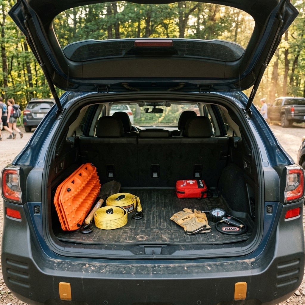 Open trunk of a dark blue SUV packed with orange traction boards, tow straps, a first aid kit, and gloves outdoors. (Representative image for illustration purposes only. Actual vehicle may vary based on trim and configuration.)