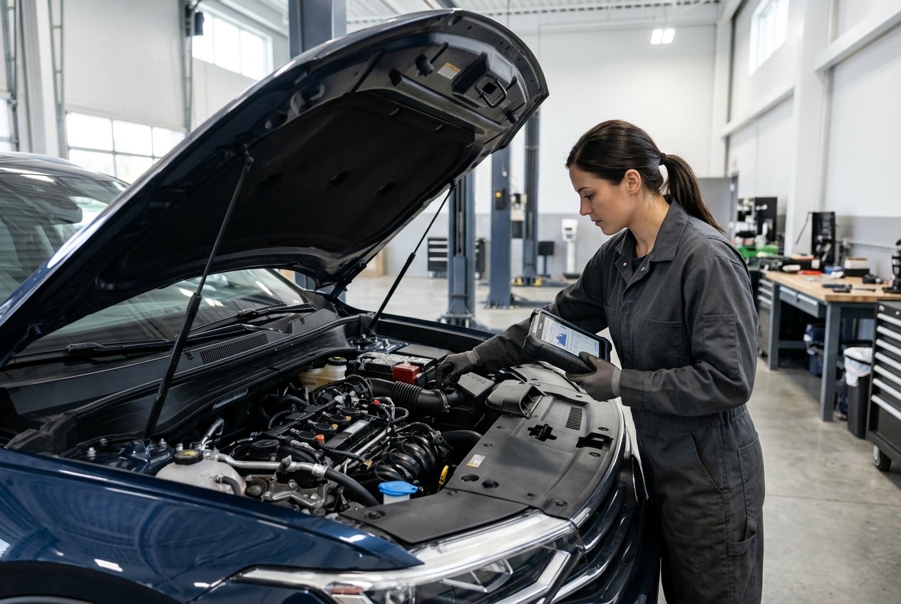 Female mechanic in grey coveralls using a diagnostic tablet while inspecting a car engine bay. (Representative image for illustration purposes only. Actual vehicle may vary based on trim and configuration.)