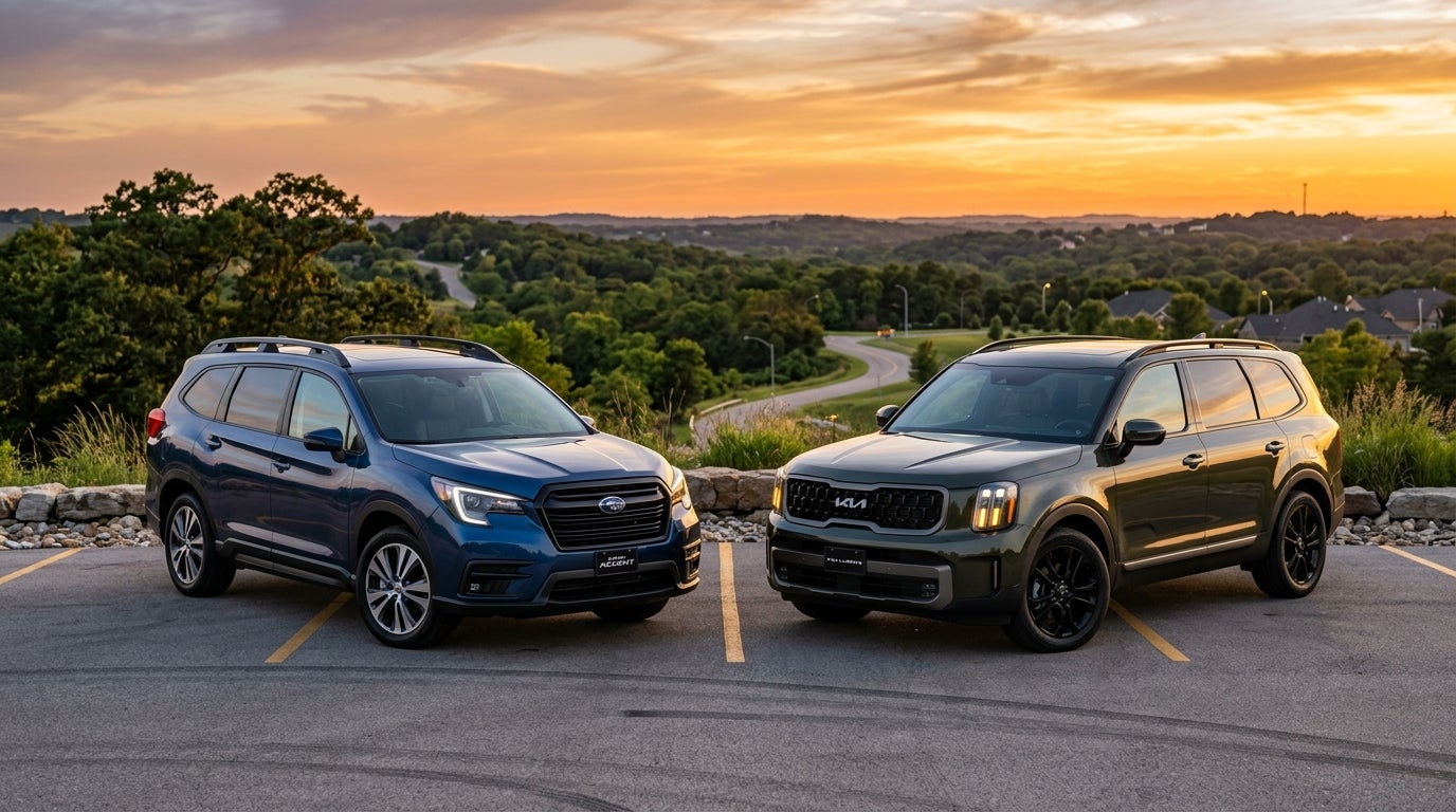 AI generated: Professional side-by-side automotive comparison shot, a 2026 Subaru Ascent in a deep metallic blue and a Kia Telluride in a sophisticated forest green, parked on a scenic overlook in Sunset Hills Missouri, low-angle three-quarter front view, cinematic golden hour lighting, a warm orange and violet sky reflecting on the polished car bodies and glass, lush Midwestern landscape with rolling hills and oak trees in the background, clean suburban asphalt road, sharp focus on the sleek vehicle silhouettes and wheel designs, high-end commercial photography style, serene family-oriented atmosphere, realistic textures, soft bokeh background of distant suburban rooftops and streetlights, 8k resolution, evocative of a calm Missouri evening.
