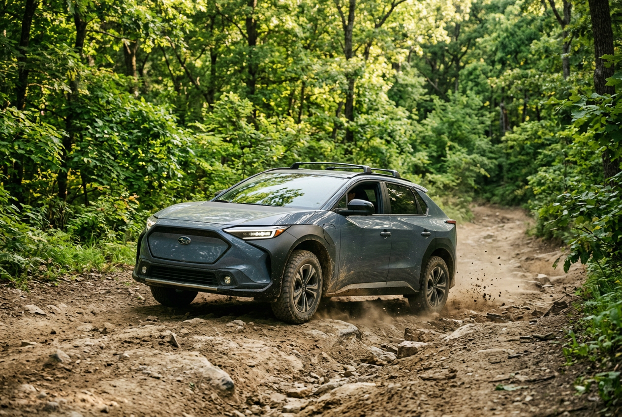 A gray Subaru Solterra electric SUV driving down a rocky, dirt trail in a dense green forest. (Representative image for illustration purposes only. Actual vehicle may vary based on trim and configuration.)