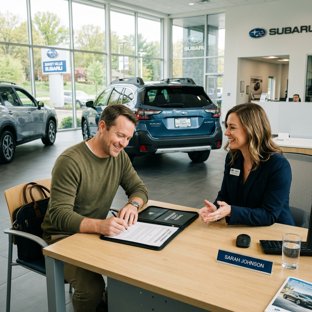 A man smiling as he signs paperwork at a desk with a Subaru dealership employee. (Representative image for illustration purposes only. Actual vehicle may vary based on trim and configuration.)