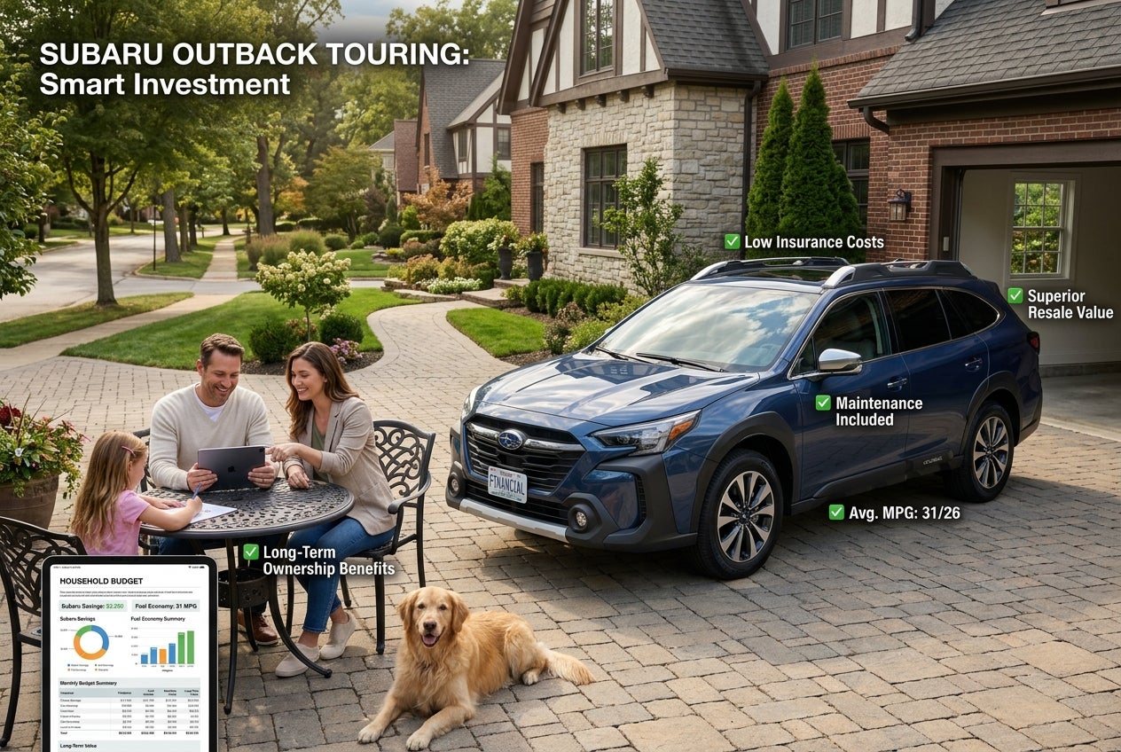 AI generated: A sophisticated photorealistic financial lifestyle scene featuring a 2026 Subaru Outback Touring parked in a beautiful St. Louis suburban driveway. A family reviews their household budget on a tablet while subtle visual elements represent fuel savings, insurance costs, maintenance, resale value, and long-term ownership benefits. The Subaru is prominently displayed as the centerpiece of a smart financial decision. Warm natural lighting, upscale suburban setting, realistic people, premium automotive advertising photography, ultra-detailed vehicle reflections, cinematic composition, HDR, 8K resolution.