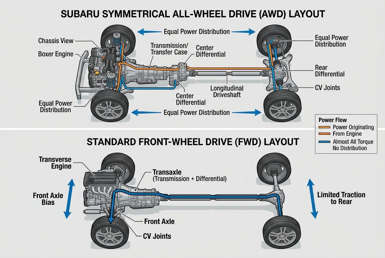 Diagram comparing Subaru symmetrical all-wheel drive layout with a standard front-wheel drive layout. (Representative image for illustration purposes only. Actual vehicle may vary based on trim and configuration.)