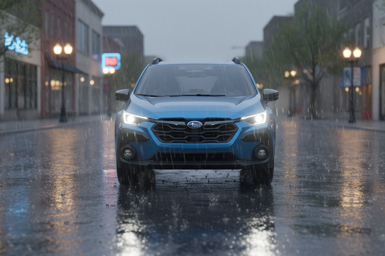 A Subaru driving through a spring rain shower in Missouri