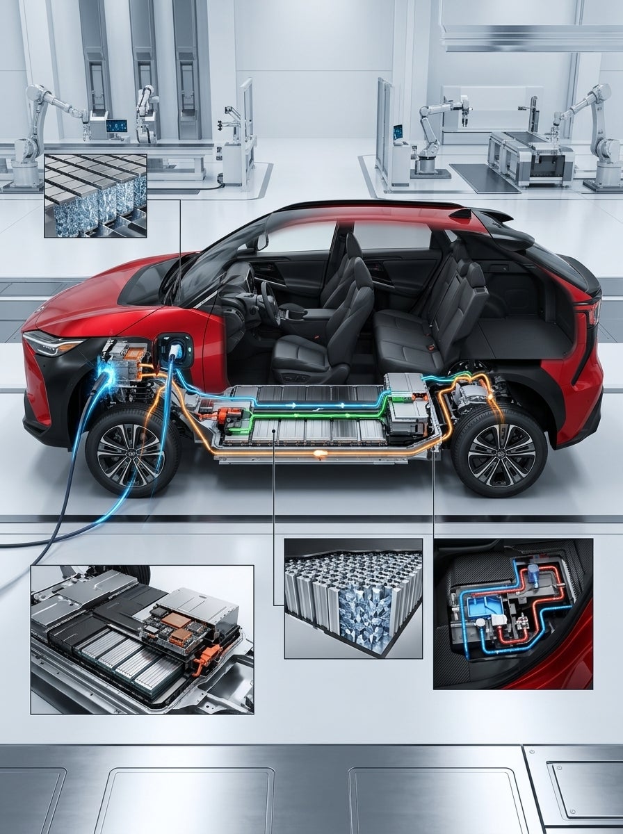 AI generated: Hyper-realistic cutaway visualization of a future Subaru electric crossover, revealing advanced solid-state battery technology integrated into the vehicle platform. Detailed cross-sections display compact bipolar battery cells, advanced liquid thermal management systems, regenerative braking energy pathways, and high-efficiency power electronics. Dynamic energy flow graphics illustrate ultra-fast charging, extended range capability, and optimized power distribution. The vehicle retains a spacious Subaru-style cabin and large cargo area, demonstrating efficient packaging. Futuristic engineering laboratory environment, clean white and metallic surfaces, precision manufacturing details, cinematic studio lighting, ultra-detailed technical realism, science-meets-automotive innovation, premium engineering magazine cover quality, 8K resolution, horizontal format, no text, no labels, no watermarks.