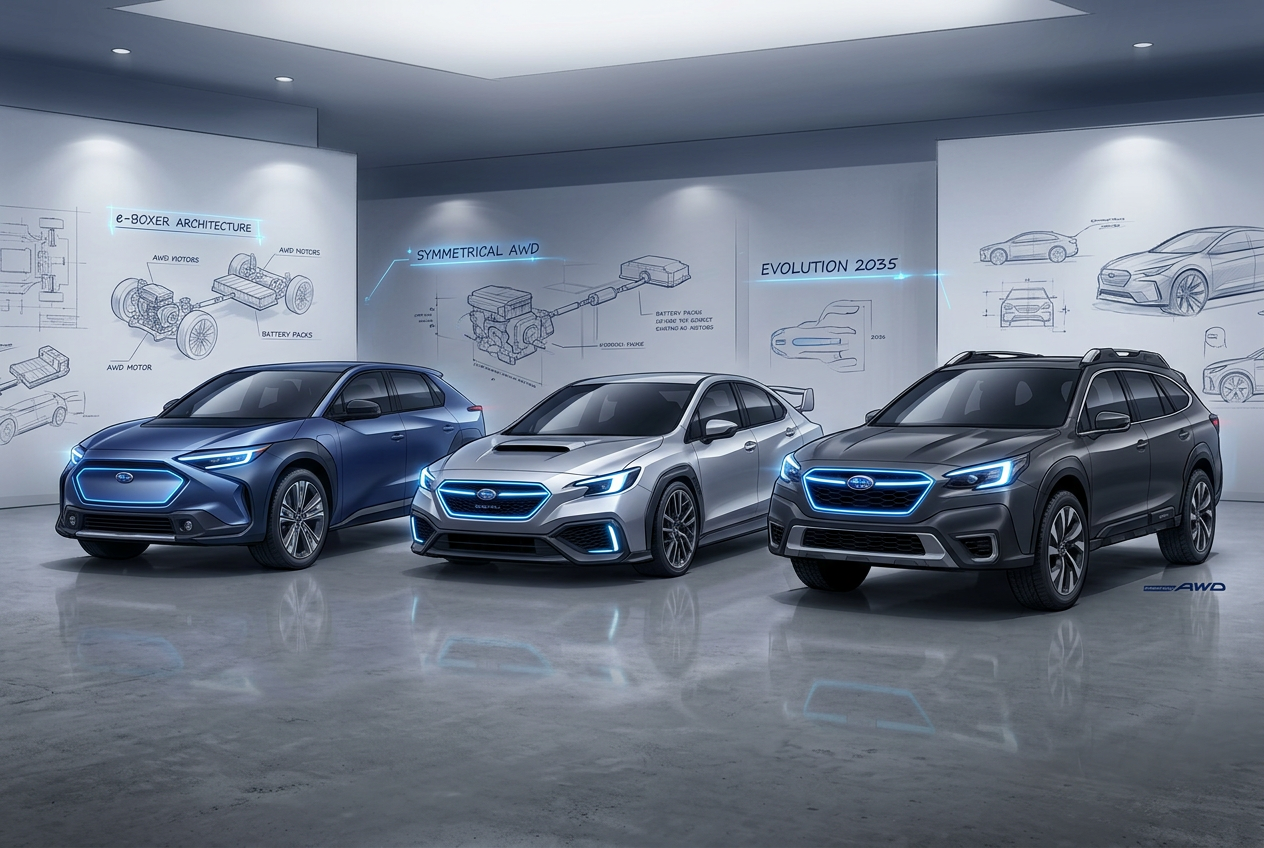 Three futuristic Subaru vehicles on display in a modern showroom with schematic wall drawings. (Representative image for illustration purposes only. Actual vehicle may vary based on trim and configuration.)