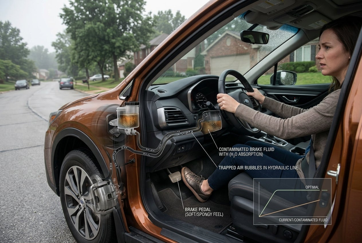 AI generated: Create an ultra-photorealistic automotive safety and brake system diagnostic scene featuring a modern Subaru SUV driving through suburban St. Louis near Sunset Hills on an overcast, humid day. The driver is pressing the brake pedal and noticing that it feels unusually soft and spongy, requiring excessive travel toward the floor before effective braking occurs. Convey the concern through realistic body language while maintaining a safe, controlled driving environment.
Include a detailed technical cutaway view of the vehicle's hydraulic braking system, revealing air bubbles trapped within the brake lines and moisture-contaminated brake fluid inside the master cylinder and brake system. Use subtle visual effects to illustrate reduced hydraulic pressure, showing how air compresses within the lines compared to properly functioning fluid. Incorporate transparent overlays highlighting the brake pedal, master cylinder, brake lines, calipers, and fluid reservoir with engineering-style accuracy.
The environment should reflect the humid Midwest climate, with slight atmospheric moisture and realistic weather conditions that reinforce the connection between humidity and brake fluid degradation. Focus on the educational aspect of vehicle maintenance, emphasizing the importance of brake fluid health and hydraulic system integrity.
Professional automotive service advertising photography, dealership marketing quality, highly detailed brake components, realistic fluid dynamics, advanced automotive engineering visualization, cinematic lighting, HDR reflections, shallow depth of field, ultra-realistic materials and textures, sharp focus, 8K resolution, magazine-quality image, horizontal 16:9 composition, no text, no watermarks, no logos.
