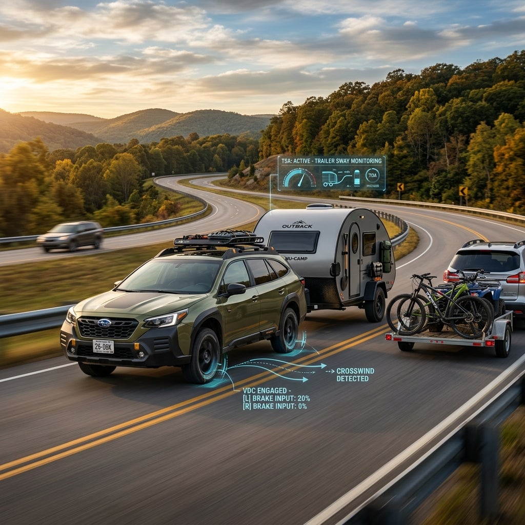AI generated: A hyper-realistic 2026 Subaru Outback Touring XT or Wilderness equipped with the powerful 2.4L turbocharged engine, confidently towing a premium teardrop camper through the scenic Ozark Mountains during golden hour. The Outback travels along a winding highway surrounded by rolling hills, dense forests, and dramatic skies, showcasing its 3,500-pound towing capability. The camper is modern and adventure-ready, while additional outdoor gear such as mountain bikes, camping equipment, and ATVs on a nearby utility trailer emphasize weekend exploration and versatility. Subtle futuristic holographic overlays illustrate Trailer Stability Assist actively monitoring trailer sway, with digital graphics showing wheel-specific braking inputs and Vehicle Dynamics Control maintaining stability during a crosswind. The vehicle remains composed and secure, highlighting Subaru's advanced towing technology. Ultra-detailed automotive photography, cinematic lighting, realistic motion blur, premium reflections, rugged outdoor lifestyle imagery, 8K resolution, professional Subaru advertising quality, focus on towing confidence, adventure, safety technology, and capability. The scene should feel aspirational, showcasing freedom, exploration, and the confidence to travel beyond the campground.