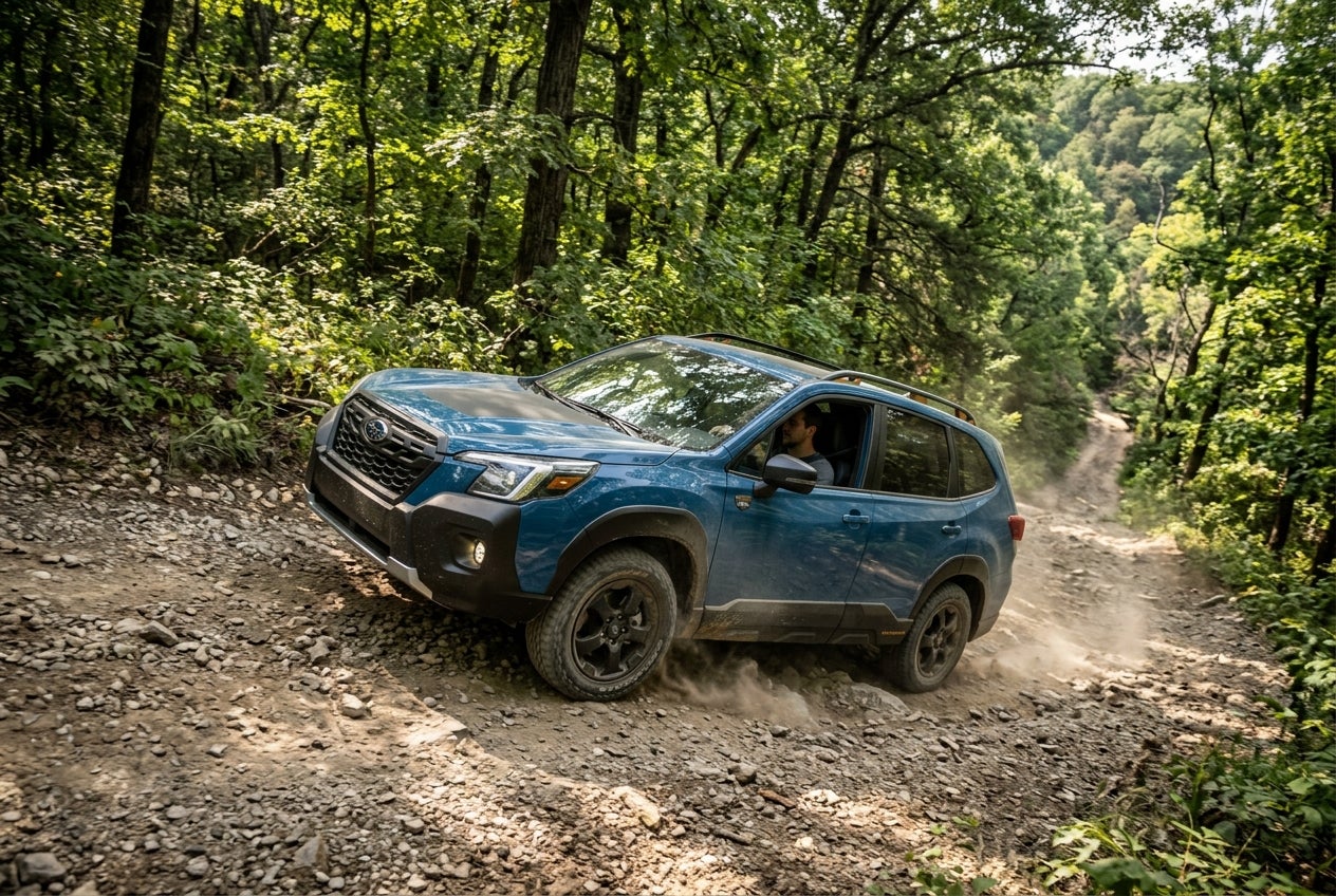A blue Subaru Forester Wilderness SUV driving up a steep, rocky dirt road through a dense green forest. (Representative image for illustration purposes only. Actual vehicle may vary based on trim and configuration.)