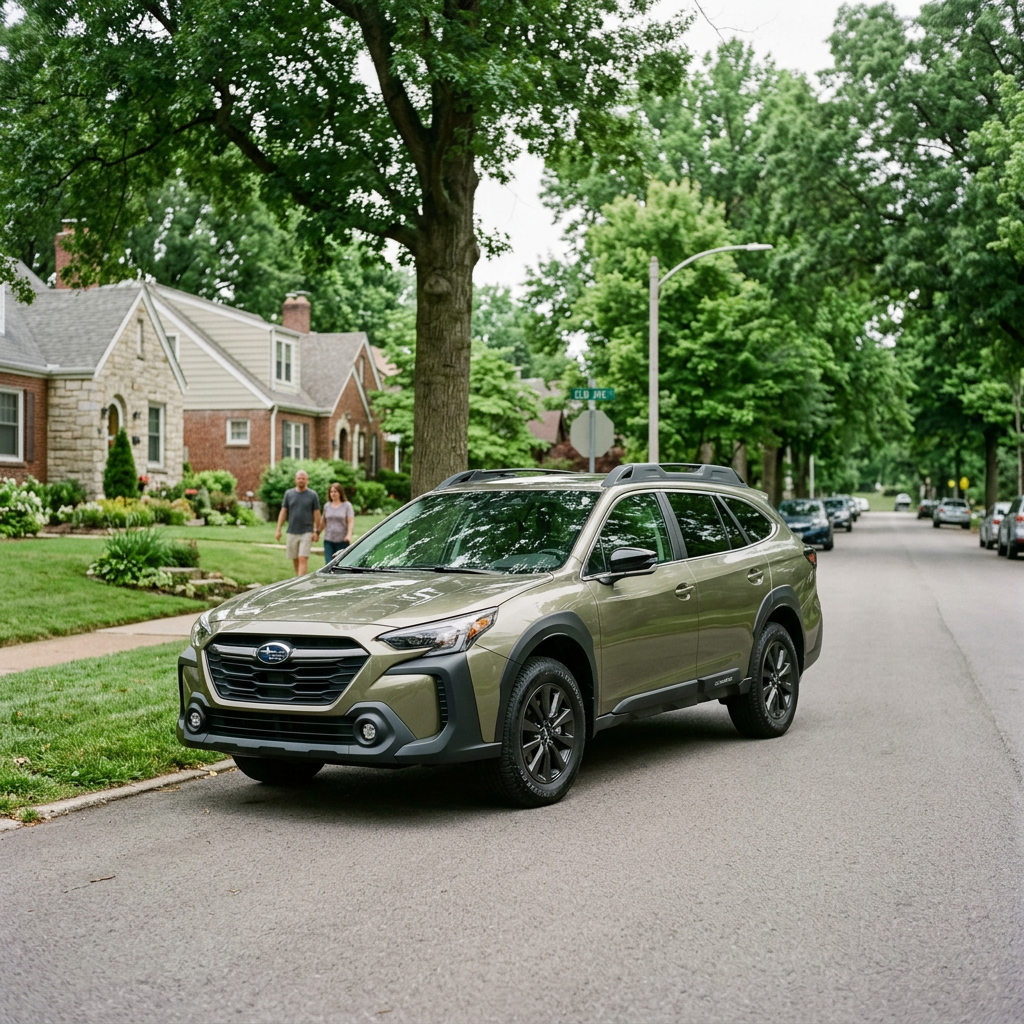 A green Subaru Outback Onyx Edition parked on a quiet residential street with houses and trees in the background. (Representative image for illustration purposes only. Actual vehicle may vary based on trim and configuration.)