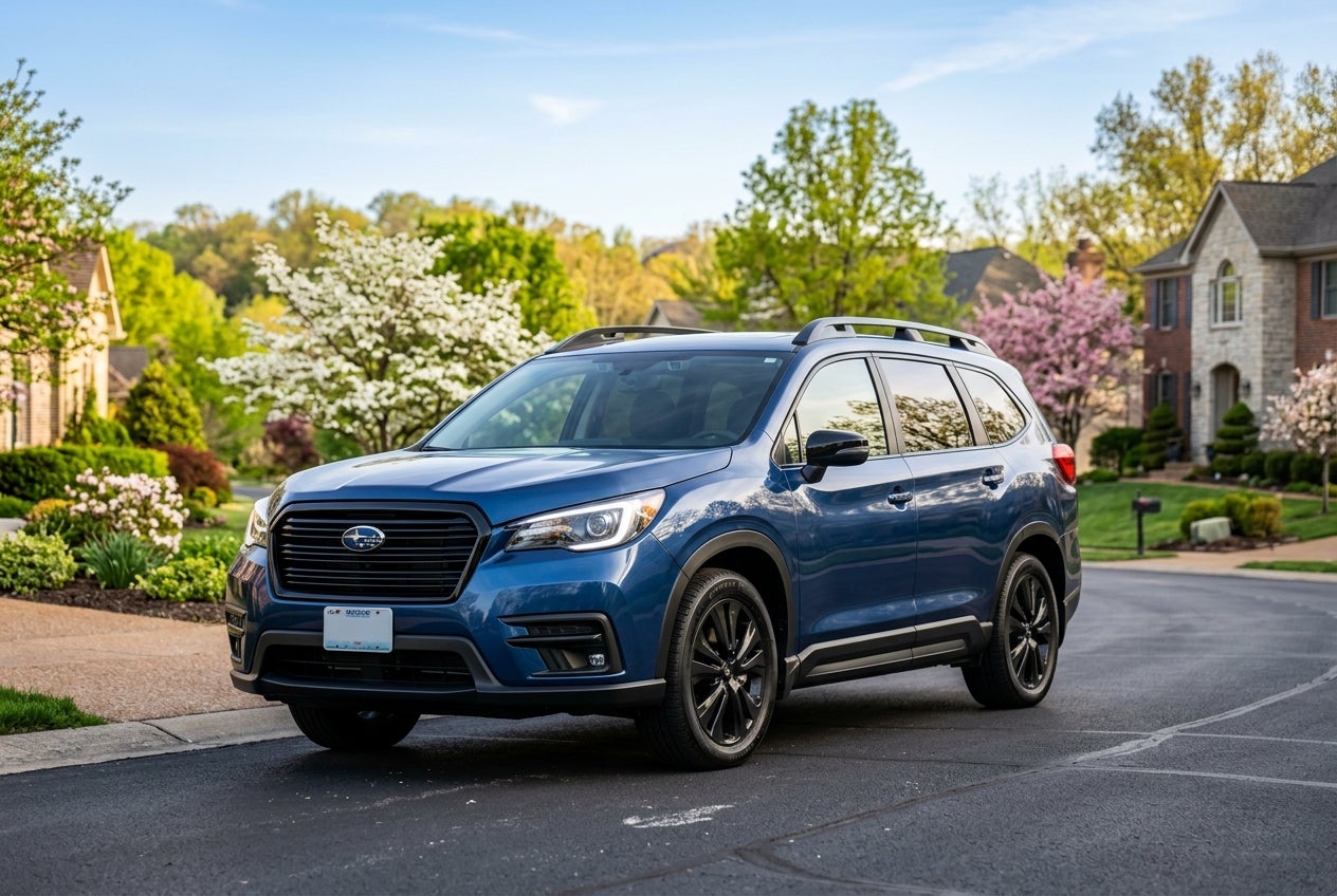 A brand new Subaru Ascent parked in a scenic Sunset Hills location during a clear spring morning.