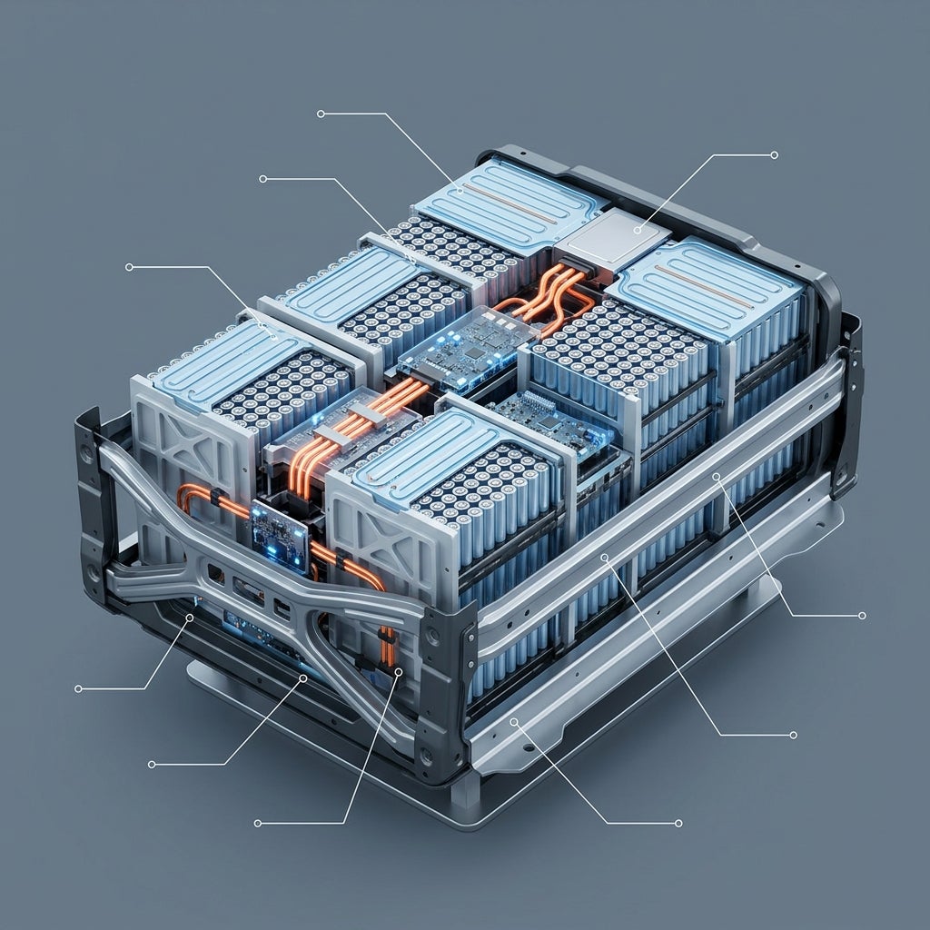Cutaway diagram of a modular electric vehicle battery pack showing internal cells, cooling systems, and circuitry. (Representative image for illustration purposes only. Actual vehicle may vary based on trim and configuration.)