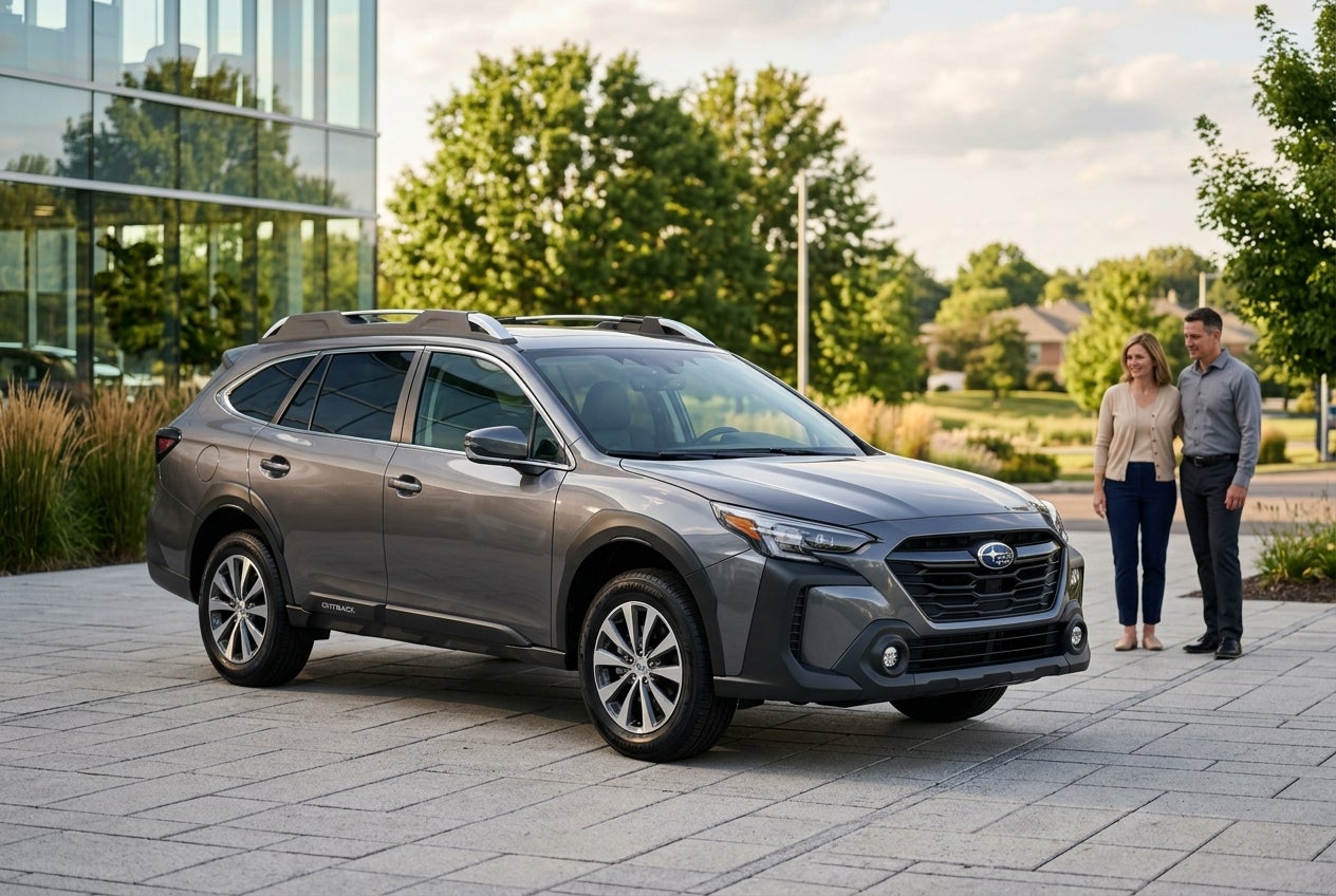 Gray Subaru Outback SUV parked on a paved plaza with a couple standing nearby. (Representative image for illustration purposes only. Actual vehicle may vary based on trim and configuration.)