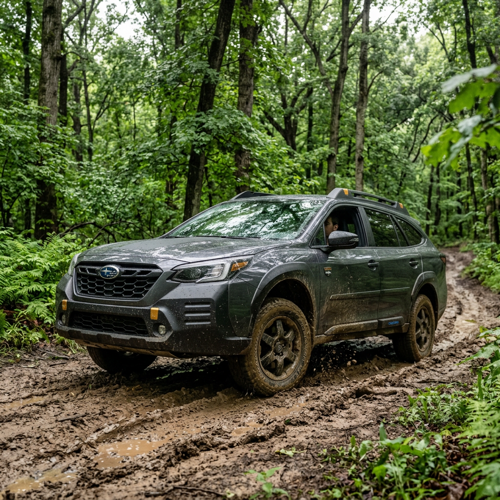 A dark gray Subaru Outback Wilderness driving through a muddy forest trail. (Representative image for illustration purposes only. Actual vehicle may vary based on trim and configuration.)