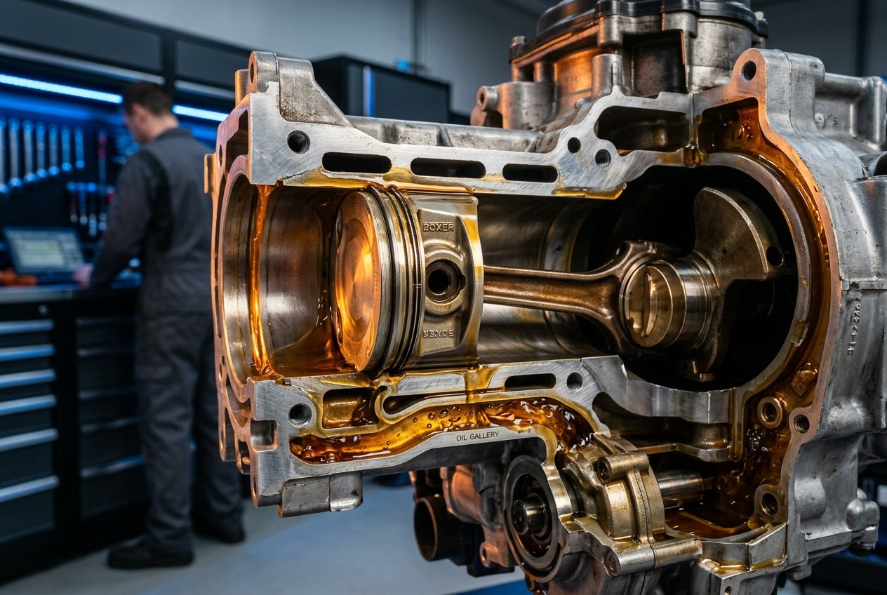 A detailed cross-section of a Subaru Boxer engine showing oil circulating through the horizontal cylinders