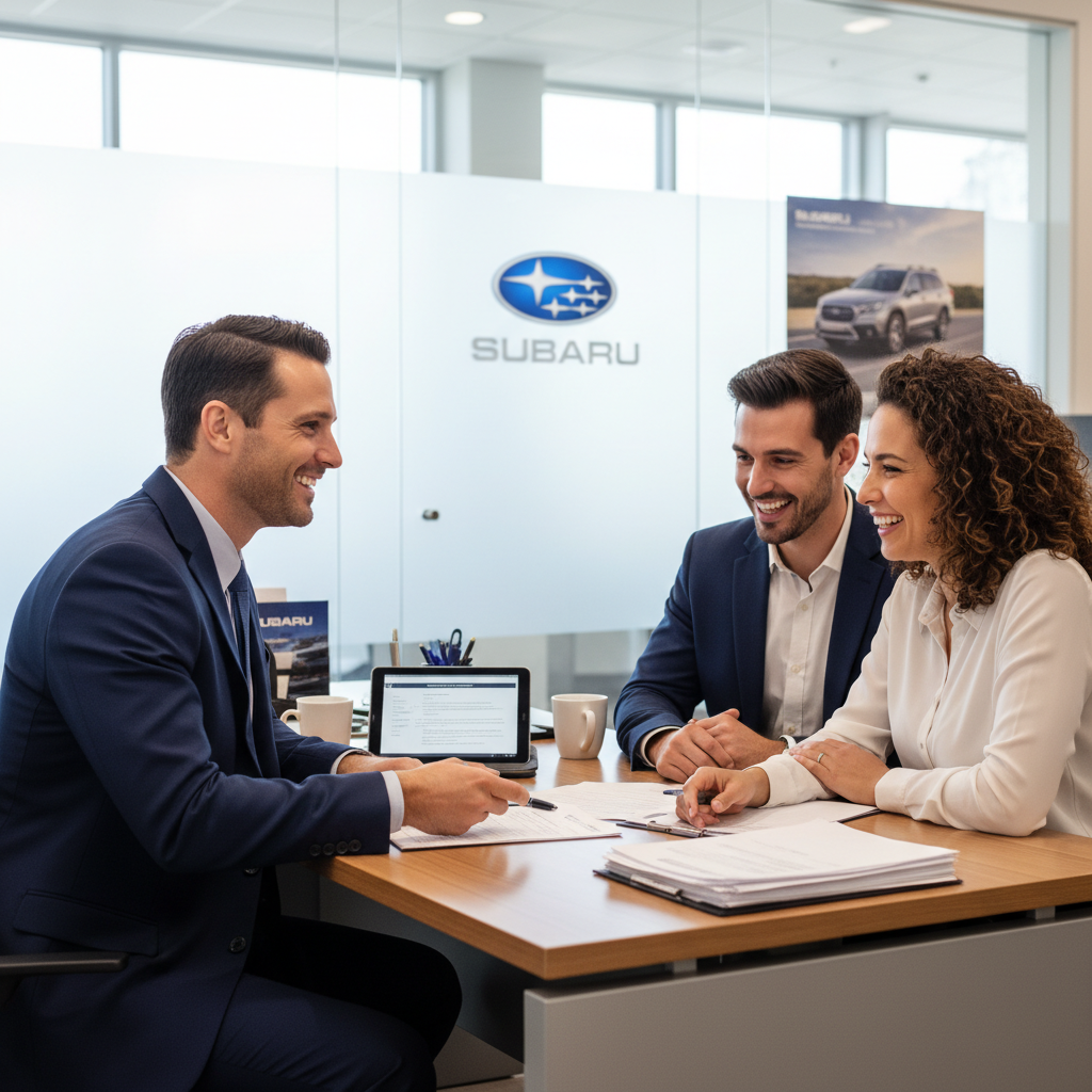 A professional finance consultant at Sunset Hills Subaru explaining financing options to a customer.