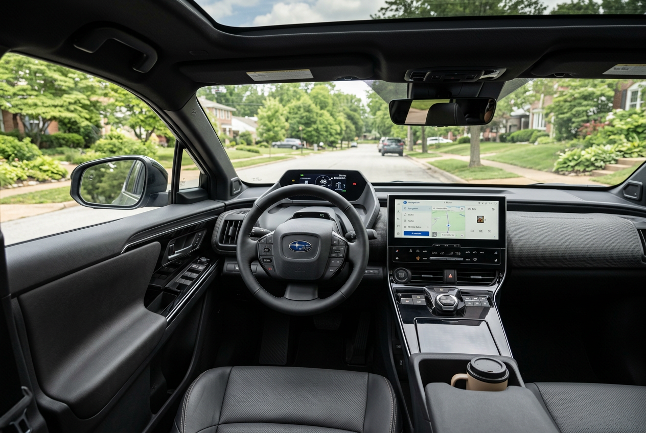 Interior view from the back seat of a modern Subaru Solterra electric vehicle showing the dashboard, steering wheel, and screens. (Representative image for illustration purposes only. Actual vehicle may vary based on trim and configuration.)