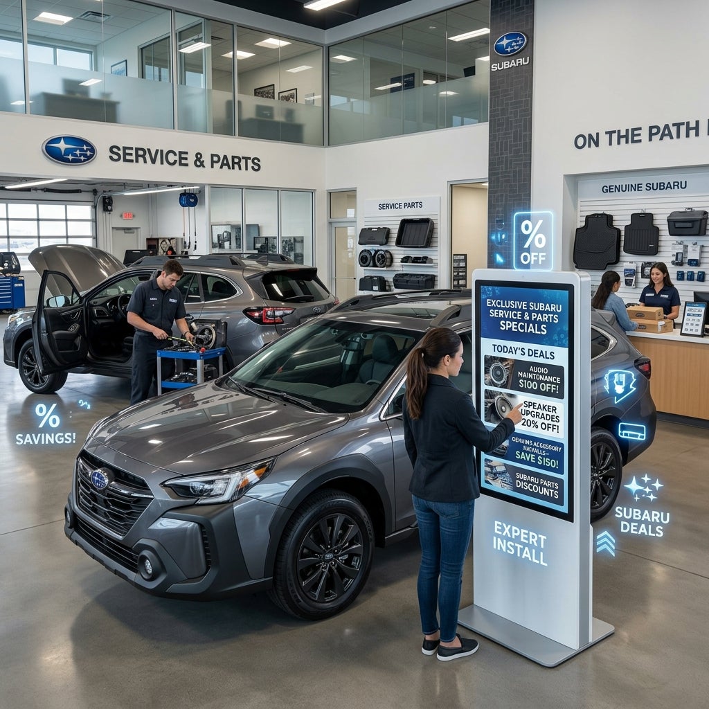 AI generated: A hyper-realistic Subaru dealership service and parts department showcasing a customer reviewing exclusive service and parts specials on a digital touchscreen kiosk while standing beside a pristine 2026 Subaru Outback Onyx Edition. The display features modern promotional graphics highlighting discounts on audio system maintenance, speaker upgrades, accessory installations, and genuine Subaru parts. Nearby, a certified Subaru technician installs premium audio accessories while another team member assists a customer at the parts counter. The showroom and service area blend seamlessly, creating an inviting and professional atmosphere. Digital price tags, promotional banners, and subtle holographic savings icons float around the scene, emphasizing value and special offers without appearing cluttered. Bright, welcoming lighting, realistic reflections, premium automotive marketing photography, ultra-detailed dealership environment, genuine Subaru accessories on display, 8K resolution, clean and modern design, focus on customer savings, convenience, and expert installation services.