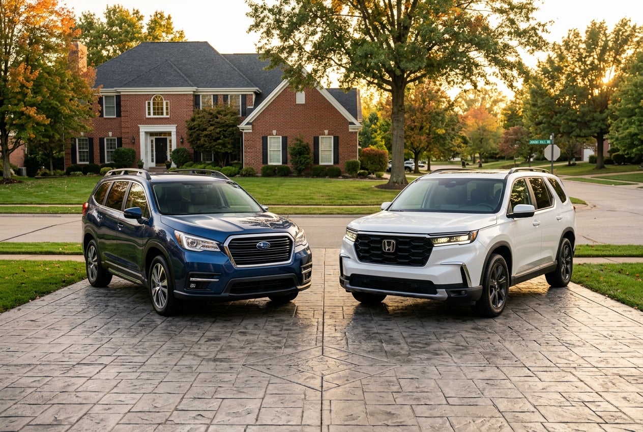 AI generated: Cinematic hero shot, side-by-side comparison of a 2026 Subaru Ascent in deep metallic blue and a 2026 Honda Pilot in pearl white, parked on a pristine stamped concrete driveway in Sunset Hills Missouri, upscale suburban residential neighborhood, traditional Midwestern red brick architecture with white trim in the background, mature oak and maple trees with hints of early autumn foliage, golden hour lighting, soft warm sunlight filtering through leaves, long shadows, low-angle wide shot, photorealistic, 8k resolution, polished vehicle surfaces reflecting the sunset, lush green manicured lawn, clean suburban street, atmosphere of safety and family luxury, vibrant and natural color palette, crisp details on the distinctive grills and LED headlights, high-end automotive lifestyle photography style.