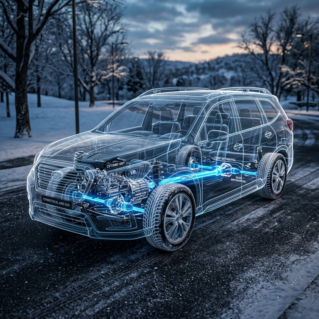 Transparent 3D cutaway of an SUV showing its symmetrical all-wheel-drive system glowing blue on a snowy road. (Representative image for illustration purposes only. Actual vehicle may vary based on trim and configuration.)
