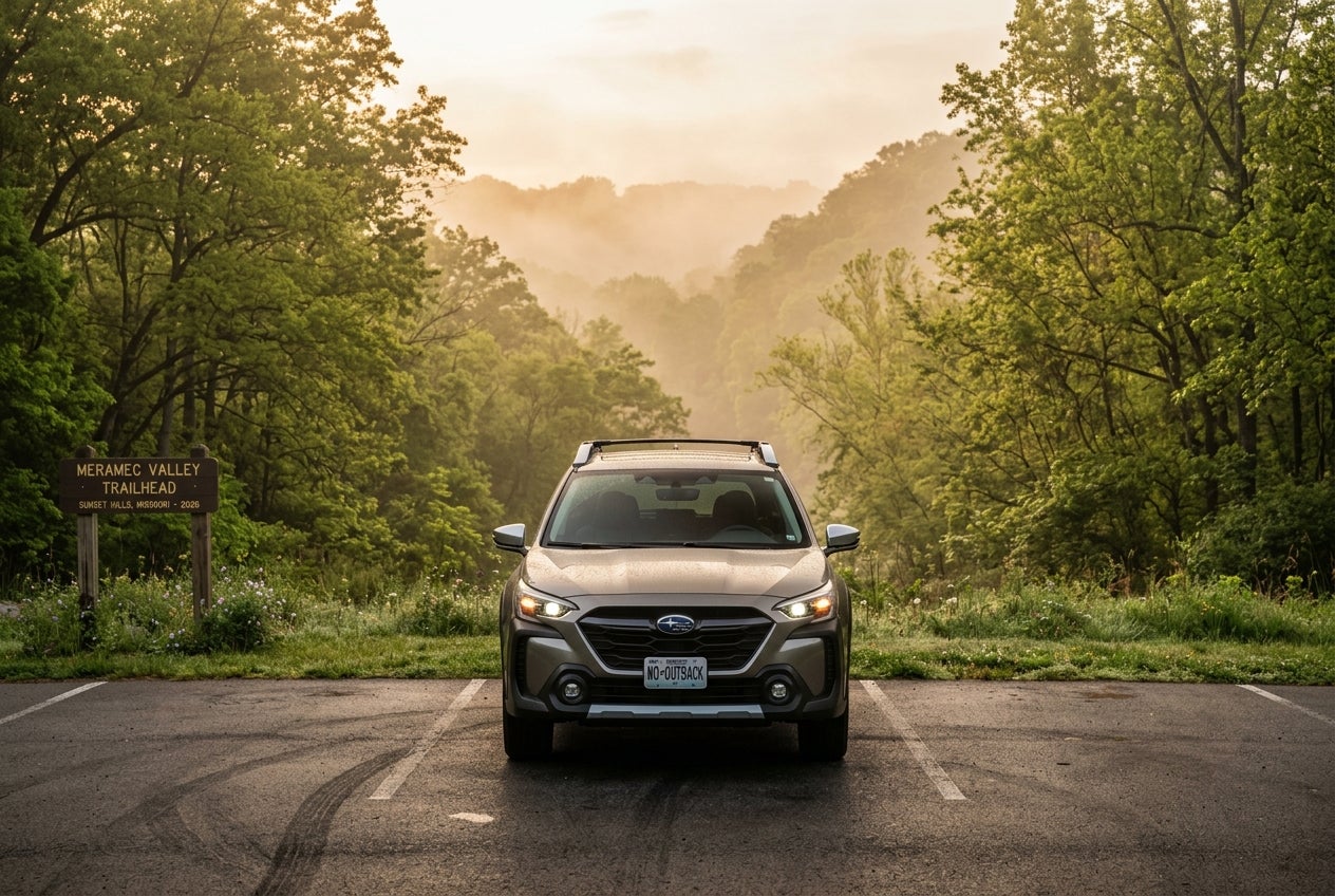 AI generated: Photorealistic CGI, cinematic, centered, symmetrical composition, a sleek 2026 Subaru Outback in a modern metallic finish, parked on a clean asphalt road near a suburban trailhead in Sunset Hills, Missouri, May morning, late spring lush greenery, rolling hills of the Meramec River valley in the distance, soft golden hour sunlight filtering through dense fog and low-hanging mist, warm amber light hitting the car's rugged body lines and roof rails, dew-covered grass, deciduous trees with vibrant green leaves, subtle reflections of the hazy sky on the car's polished surface, calm and peaceful mood, high-detail textures, 8k resolution.