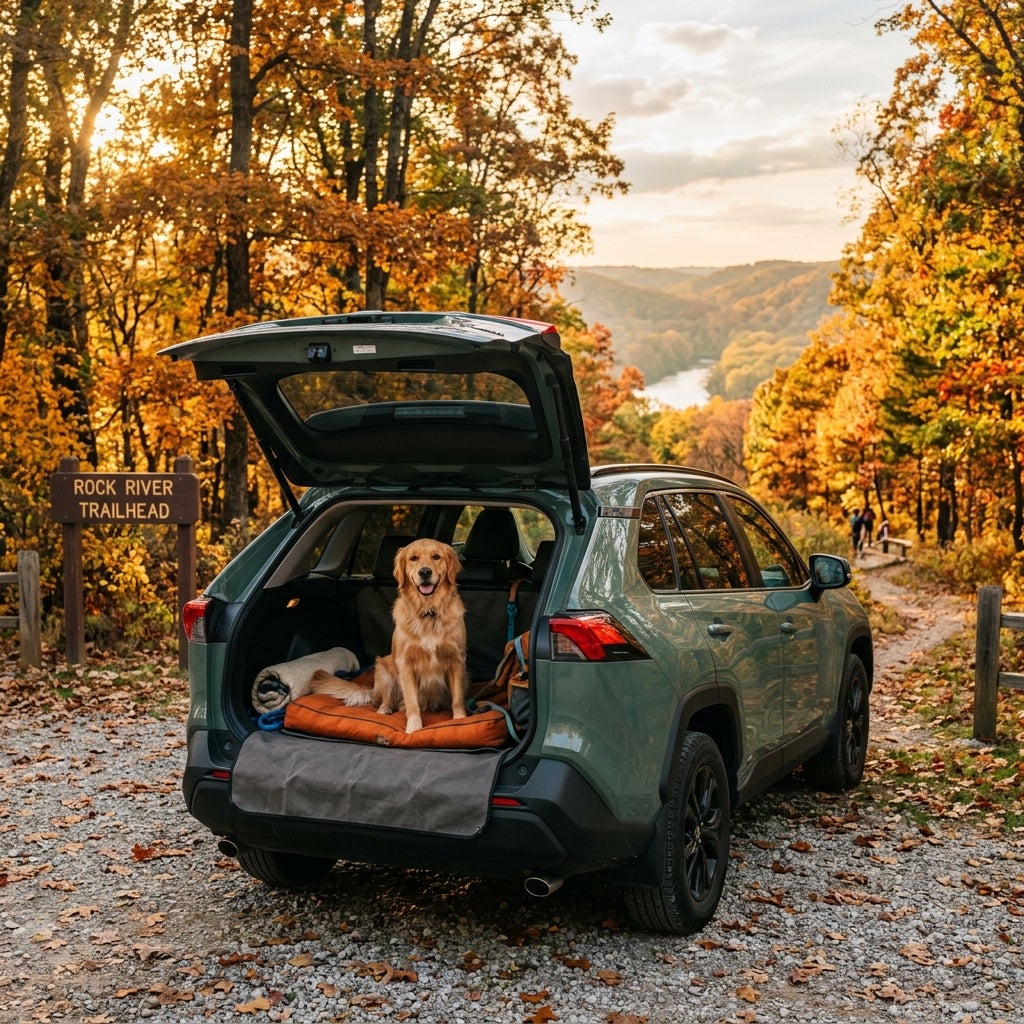 Golden retriever sitting in the back of a green SUV parked at Rock River Trailhead during autumn. (Representative image for illustration purposes only. Actual vehicle may vary based on trim and configuration.)