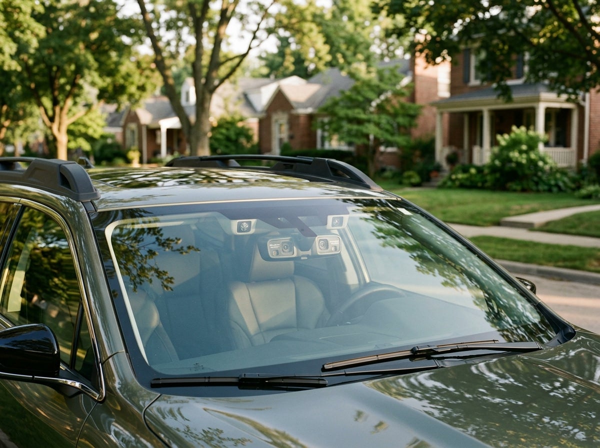 Front windshield of an olive green SUV showing mounted cameras parked on a tree-lined suburban street. (Representative image for illustration purposes only. Actual vehicle may vary based on trim and configuration.)