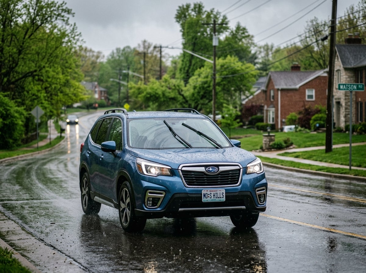 Blue Subaru Forester driving on a wet residential street during a rainy day.
