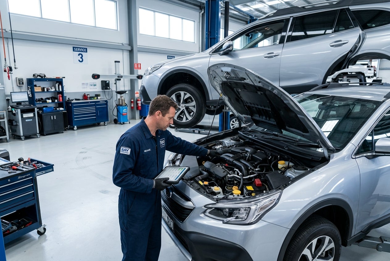 Mechanic using a diagnostic tablet while inspecting a silver car's engine inside a modern automotive service bay. (Representative image for illustration purposes only. Actual vehicle may vary based on trim and configuration.)
