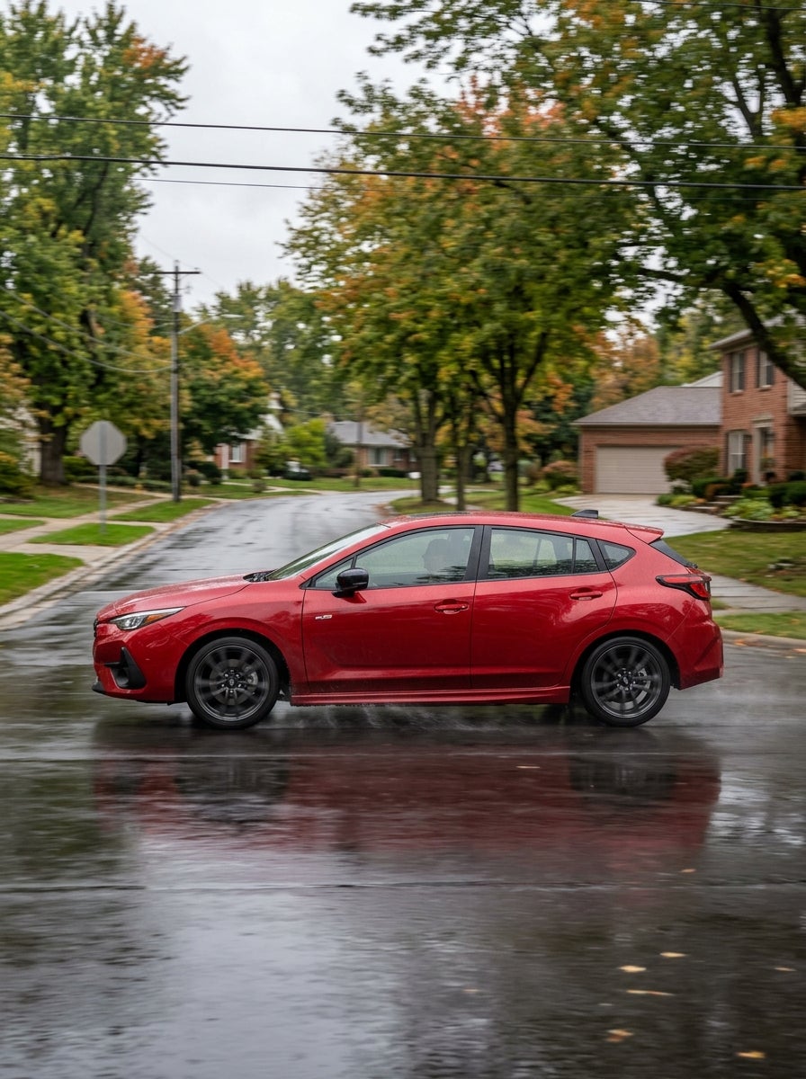 A red hatchback car driving along a wet suburban street with autumn trees. (Representative image for illustration purposes only. Actual vehicle may vary based on trim and configuration.)