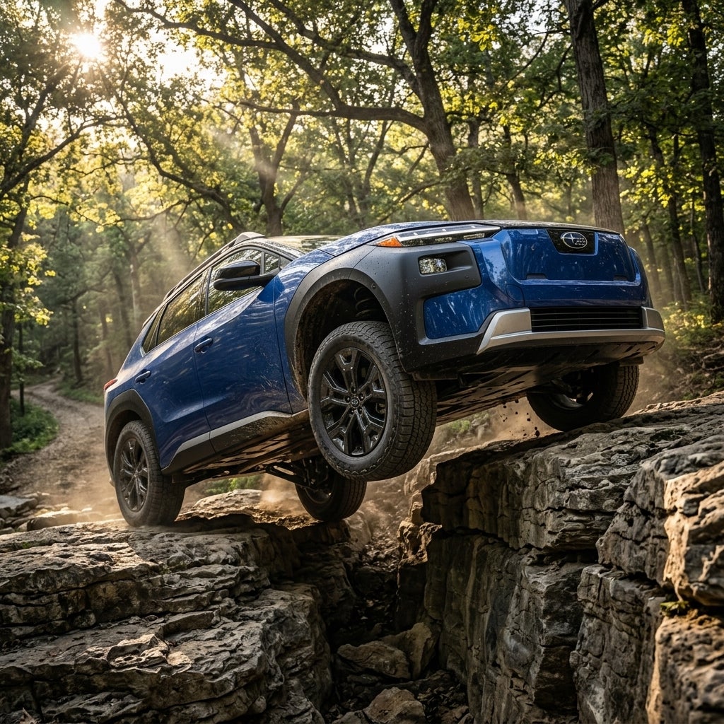 AI generated: Epic low-angle hero image of a 2026 Subaru Trailseeker EV climbing over a rugged rock ledge on a remote Missouri trail, dramatic emphasis on the vehicle's elevated ride height and aggressive stance, detailed tire articulation, sunlight filtering through tall oak trees, premium electric SUV built for adventure, cinematic automotive commercial, photorealistic details, HDR lighting, magazine-cover quality, ultra-realistic 8K photography.