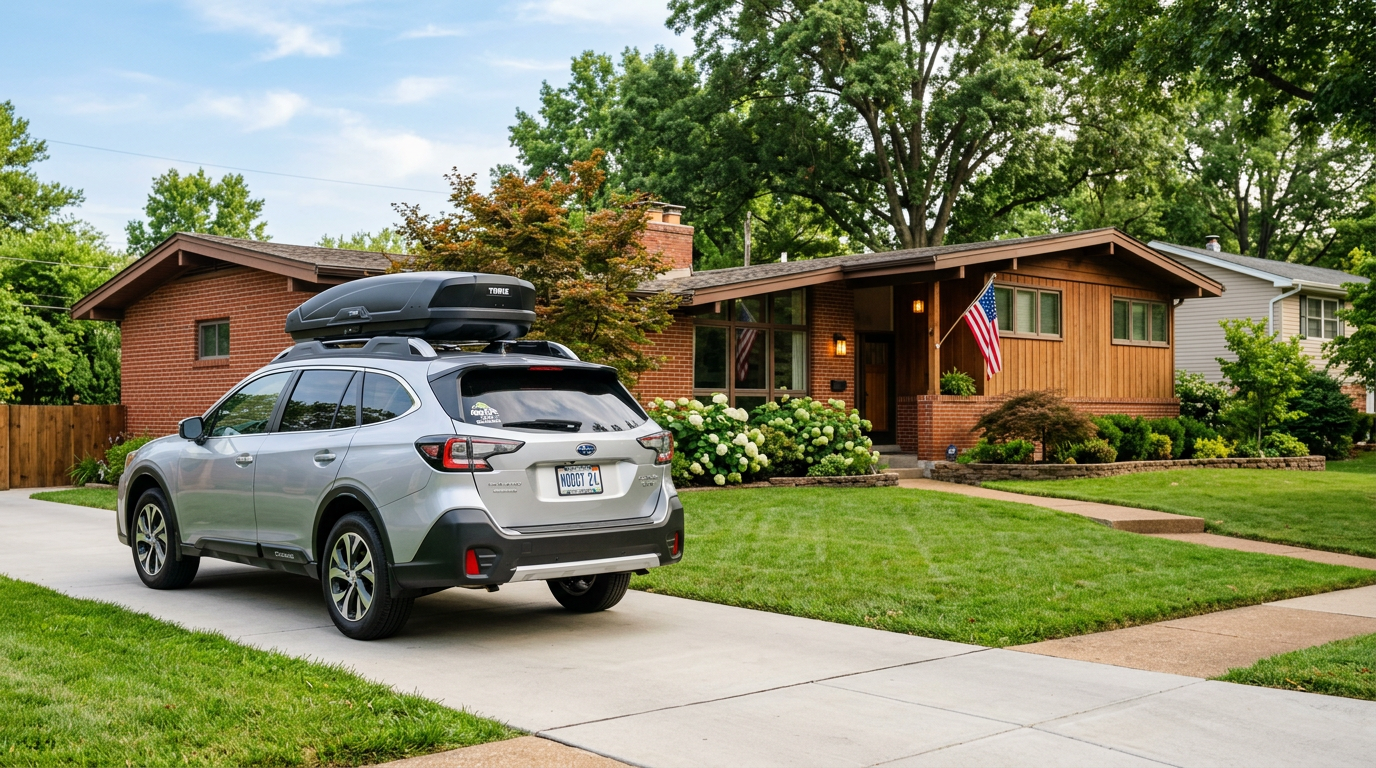 A silver Subaru Outback with a roof cargo box parked in a concrete driveway in front of a mid-century brick and wood home. (Representative image for illustration purposes only. Actual vehicle may vary based on trim and configuration.)