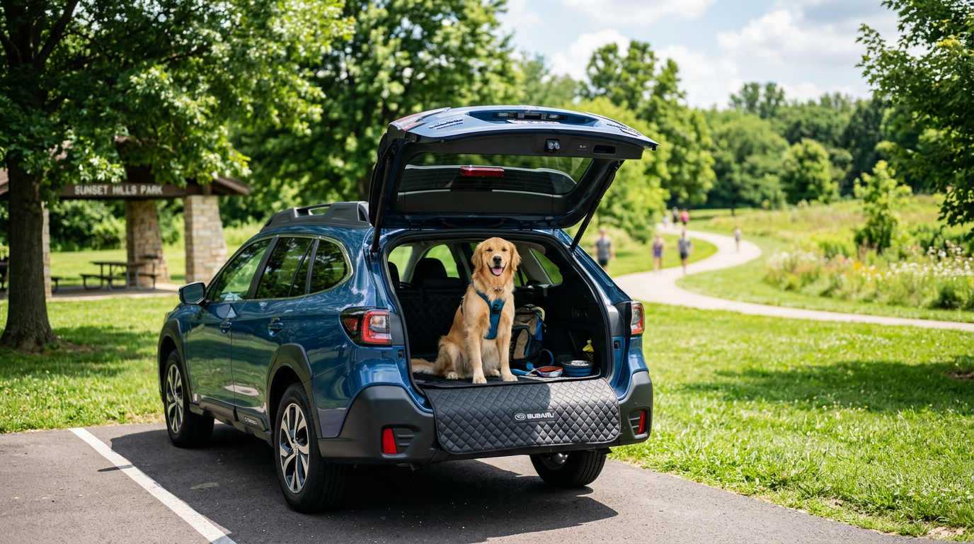 A golden retriever sitting in the open trunk of a blue Subaru SUV parked in a park. (Representative image for illustration purposes only. Actual vehicle may vary based on trim and configuration.)