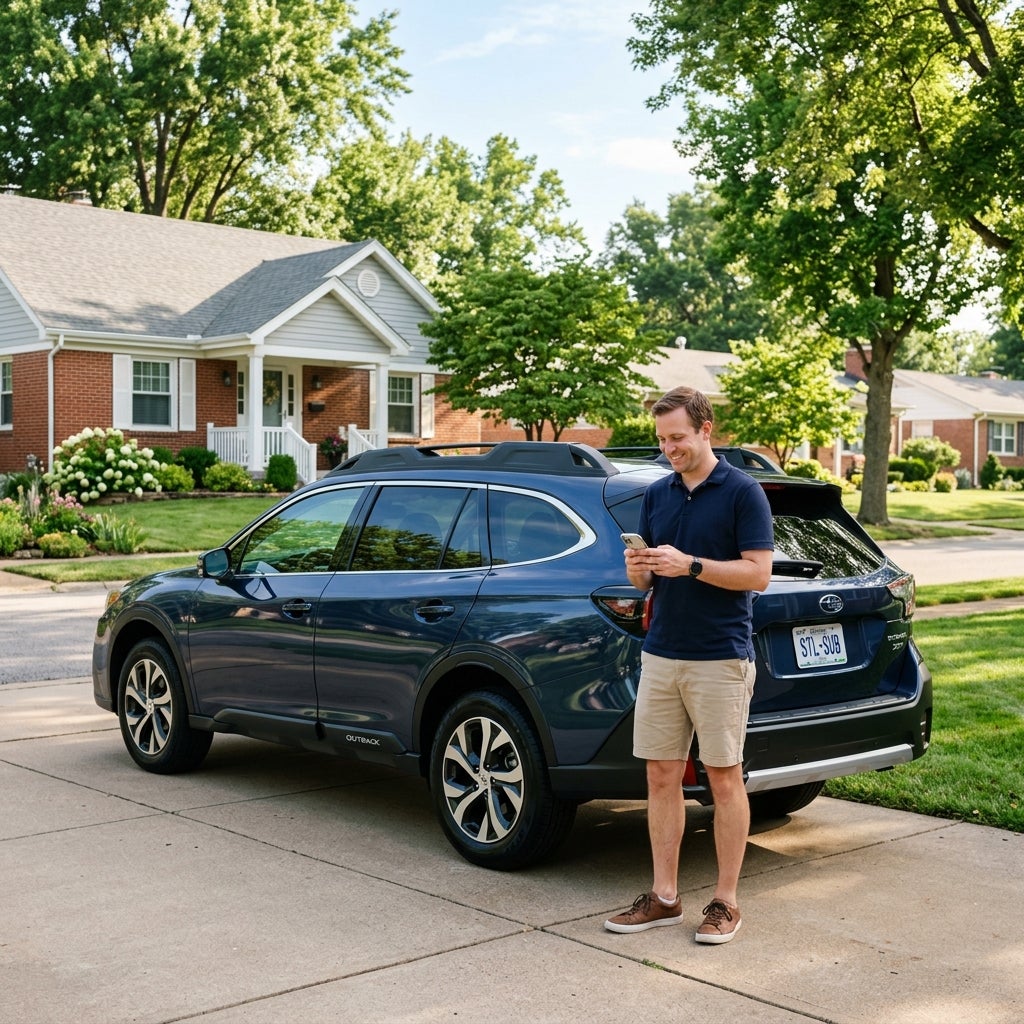 Man using a smartphone while standing next to a blue Subaru Outback parked in a suburban driveway. (Representative image for illustration purposes only. Actual vehicle may vary based on trim and configuration.)