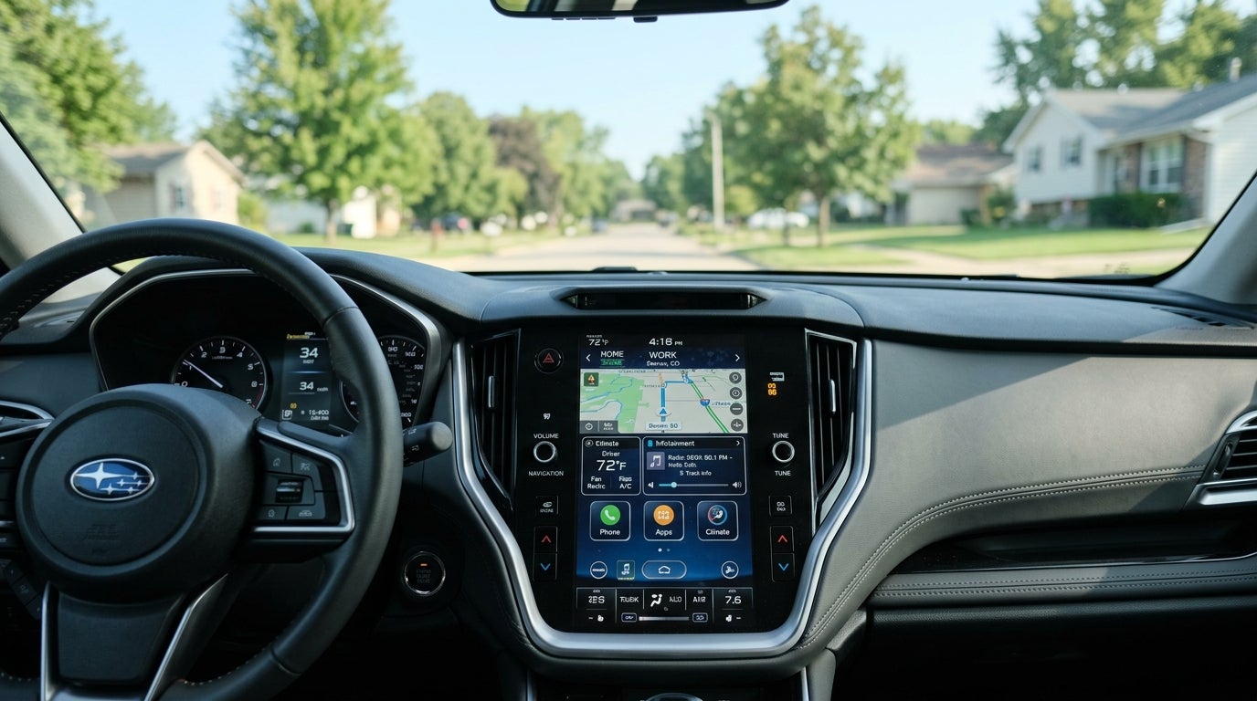 View from driver seat of a Subaru car dashboard displaying a navigation screen while driving through a suburban street. (Representative image for illustration purposes only. Actual vehicle may vary based on trim and configuration.)