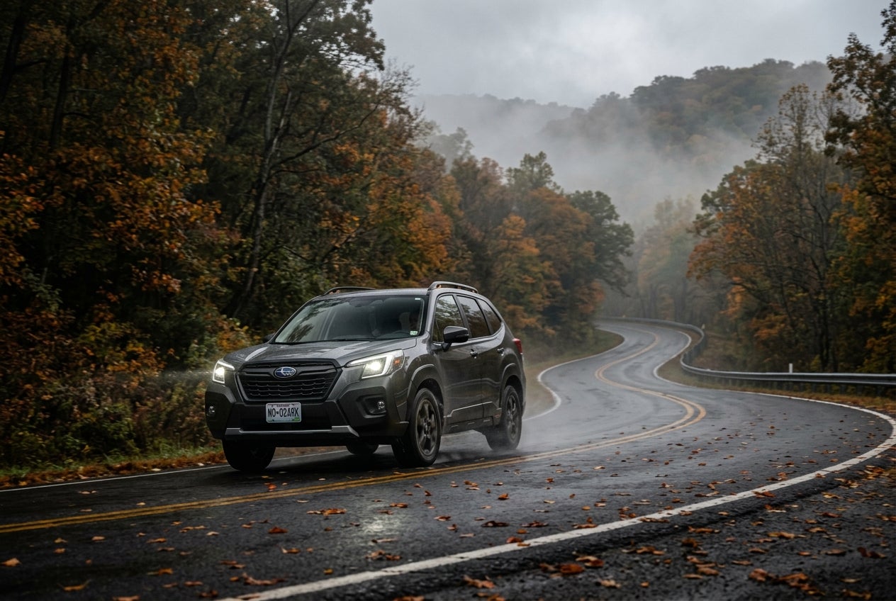 A front three-quarter view of the redesigned 2025 Subaru Forester parked in front of a modern dealership, showcasing its bold new grille and sleek LED headlights.
