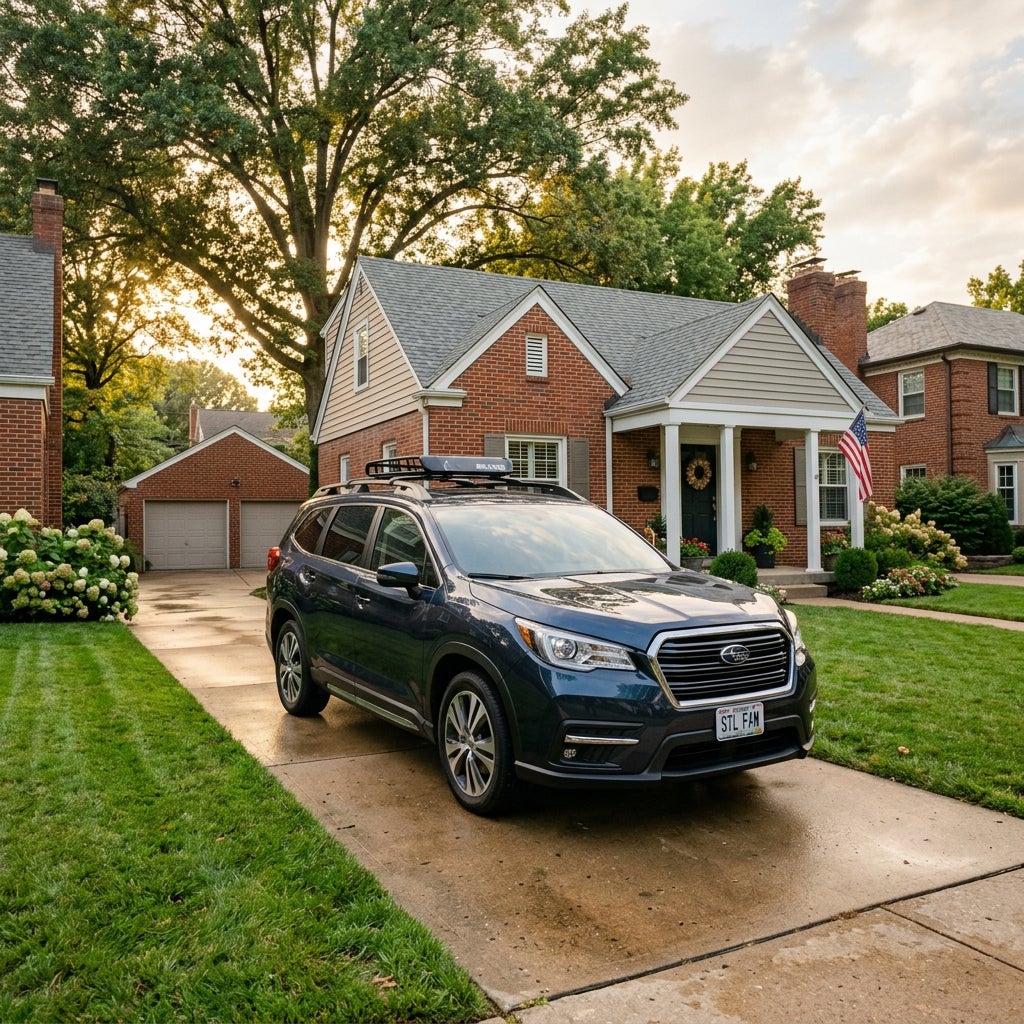 A dark blue Subaru SUV parked on a concrete driveway in front of a brick suburban house. (Representative image for illustration purposes only. Actual vehicle may vary based on trim and configuration.)