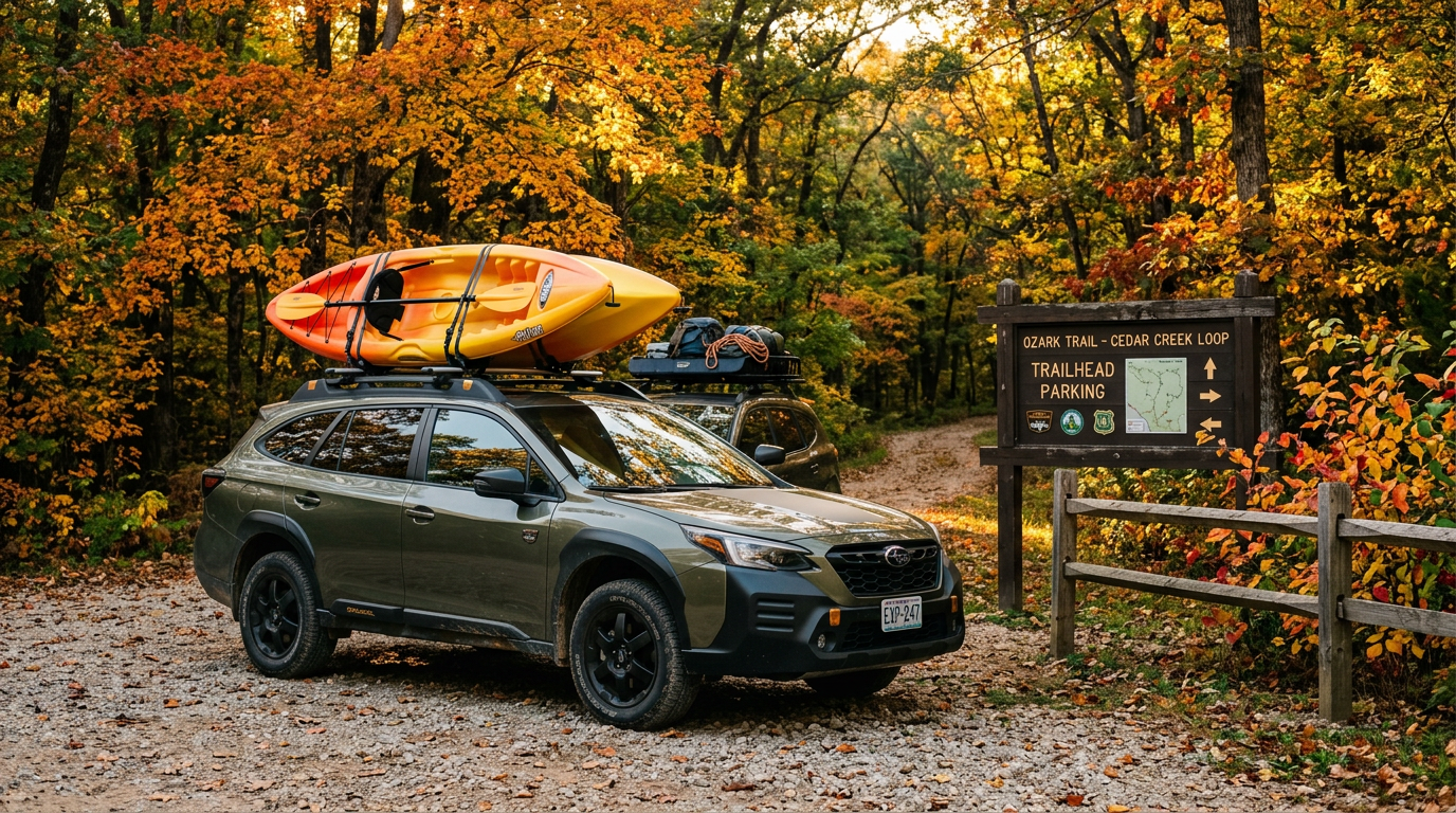 A green Subaru Outback Wilderness parked by a trailhead sign in autumn with a yellow kayak on top. (Representative image for illustration purposes only. Actual vehicle may vary based on trim and configuration.)