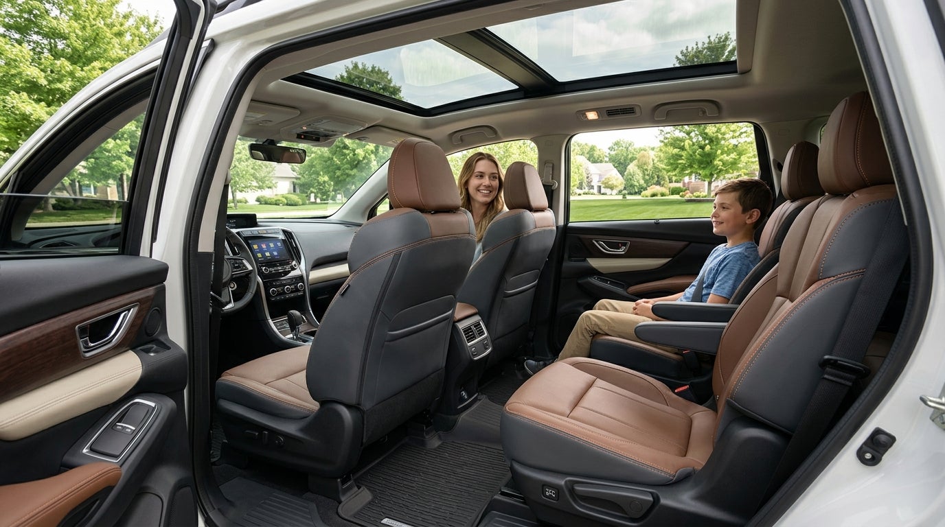Interior of a white SUV showcasing premium leather seats, panoramic sunroof, and a smiling mother and son. (Representative image for illustration purposes only. Actual vehicle may vary based on trim and configuration.)