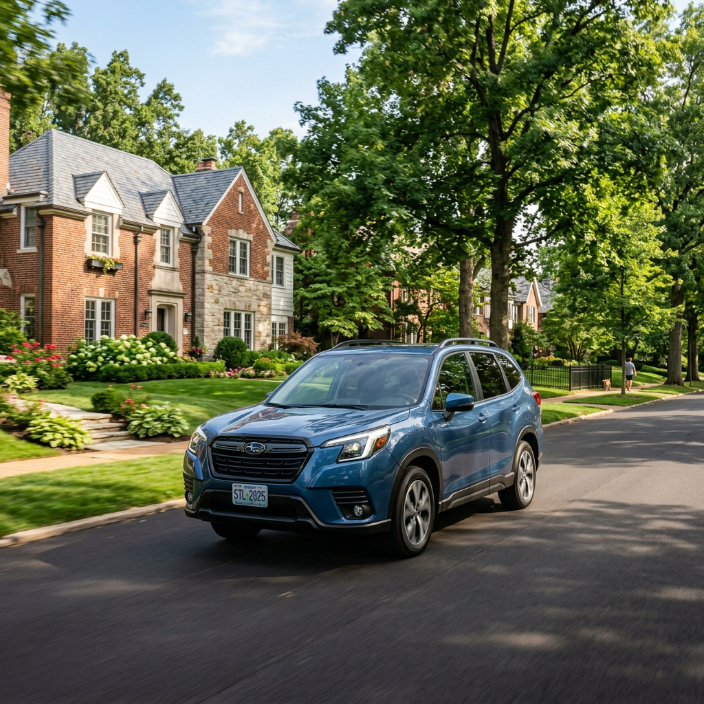 A blue Subaru Forester driving down a leafy residential street lined with elegant brick homes. (Representative image for illustration purposes only. Actual vehicle may vary based on trim and configuration.)