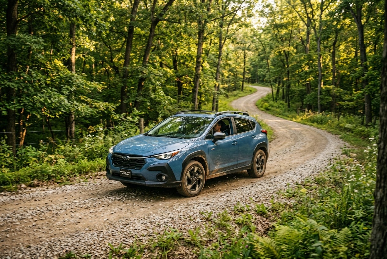Blue Subaru Crosstrek driving on a winding gravel road through a dense, sunlit forest. (Representative image for illustration purposes only. Actual vehicle may vary based on trim and configuration.)