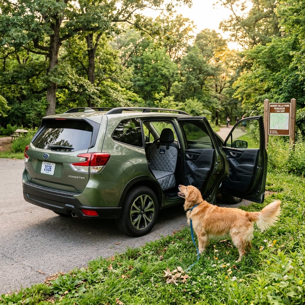 A golden retriever looks into the back seat of a green Subaru Forester parked near a park trail entrance. (Representative image for illustration purposes only. Actual vehicle may vary based on trim and configuration.)