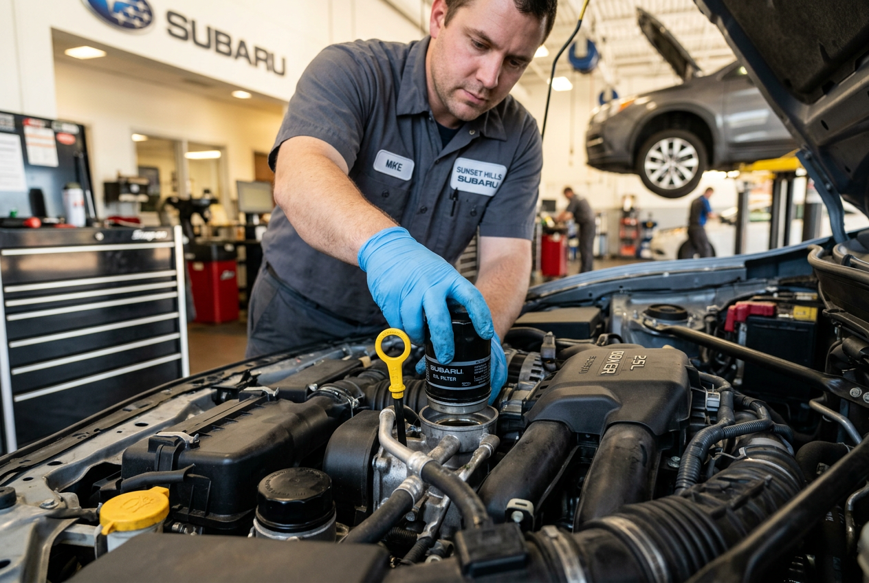 A mechanic wearing blue gloves installs a Subaru oil filter in a car engine bay. (Representative image for illustration purposes only. Actual vehicle may vary based on trim and configuration.)