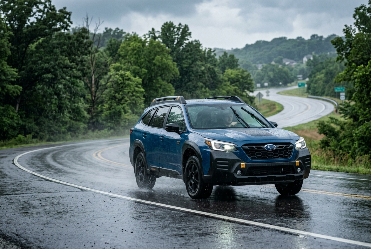 Blue Subaru Outback Wilderness driving on a wet, winding asphalt road during a rainstorm with trees in the background. (Representative image for illustration purposes only. Actual vehicle may vary based on trim and configuration.)