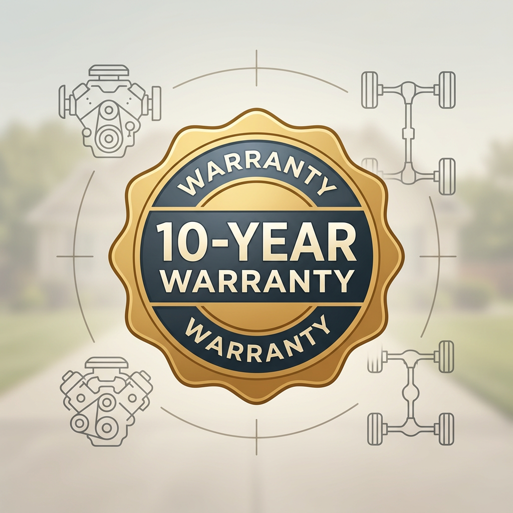 Gold and blue 10-year warranty seal surrounded by automotive icons of engines and drivetrains. (Representative image for illustration purposes only. Actual vehicle may vary based on trim and configuration.)