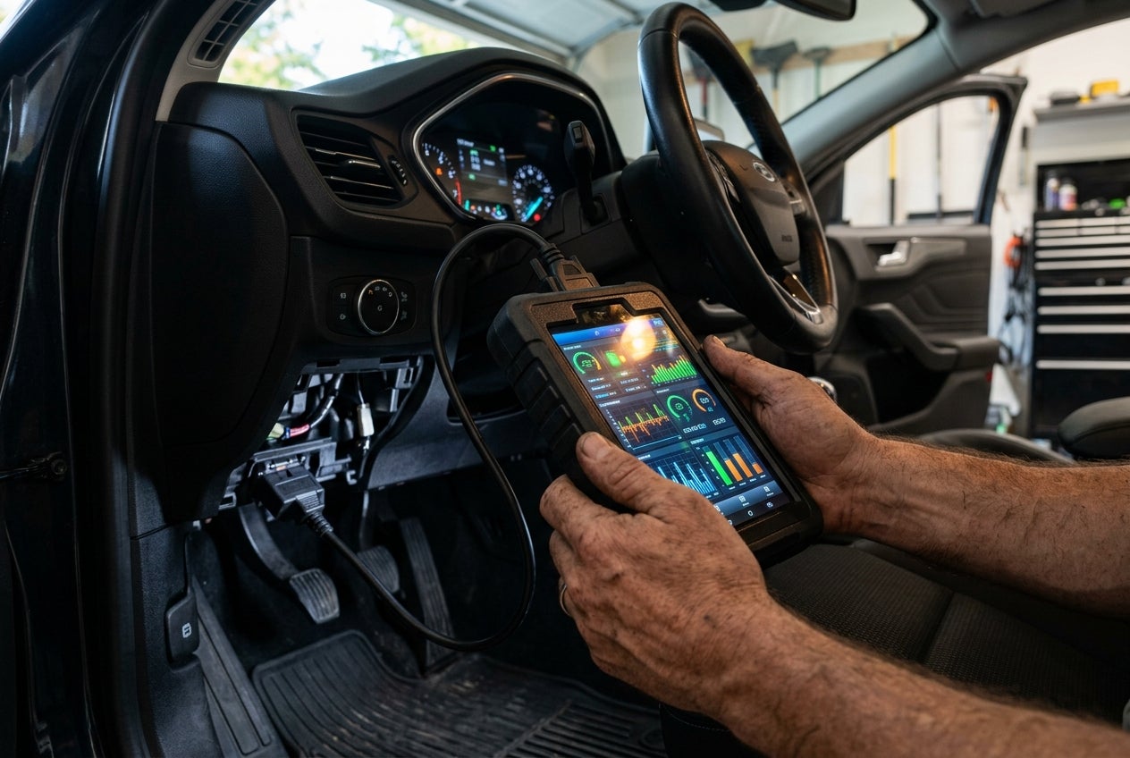Mechanic holding a digital OBD-II diagnostic scanner connected to a car's dashboard port to analyze engine telemetry. (Representative image for illustration purposes only. Actual vehicle may vary based on trim and configuration.)
