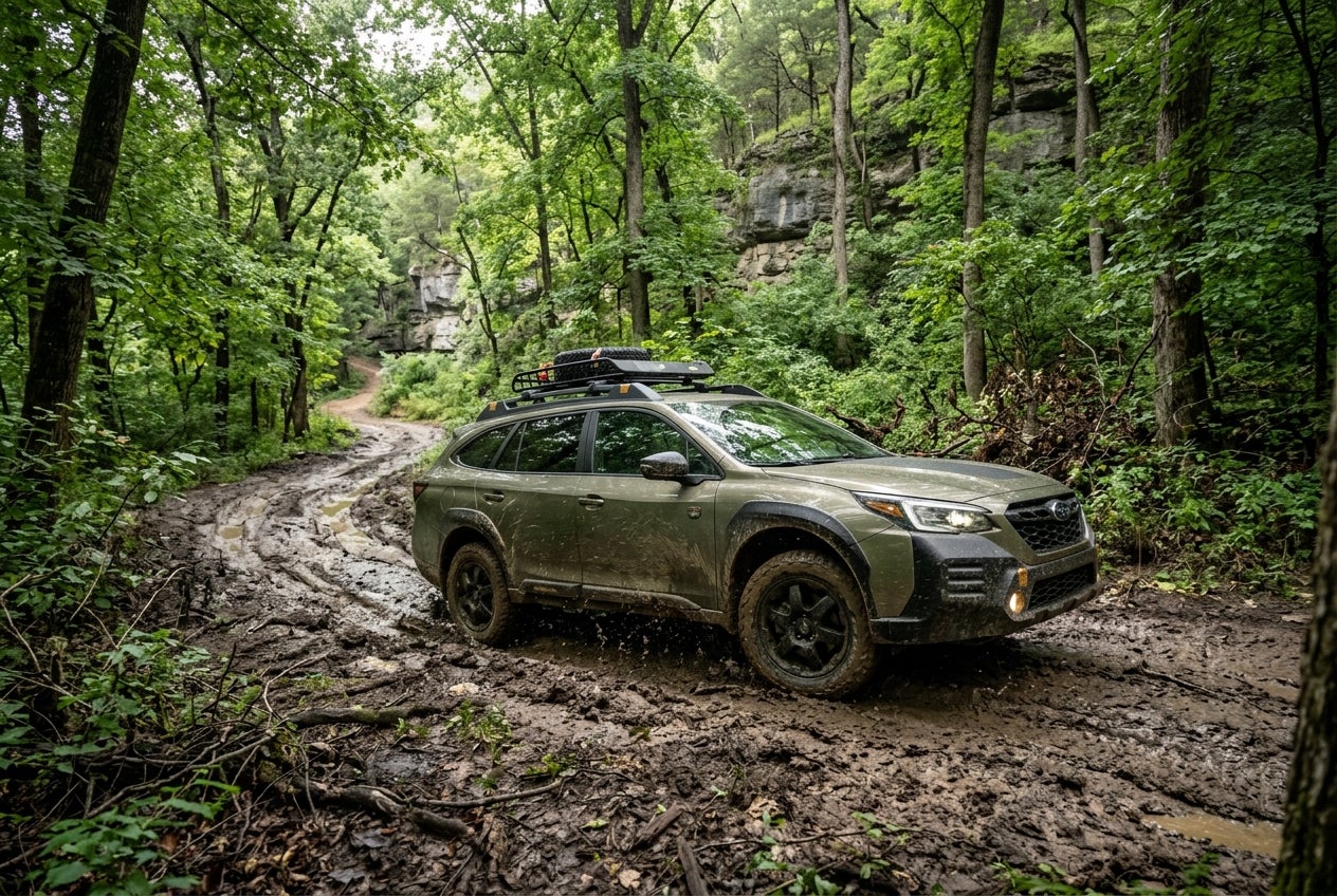 Olive green Subaru Outback Wilderness driving through a deep, muddy dirt road surrounded by dense green forest. (Representative image for illustration purposes only. Actual vehicle may vary based on trim and configuration.)